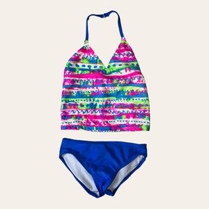 GIRL’S OP TWO PIECE TANKINI SWIMSUIT SIZE SMALL (6/6X) PINK GREEN RED AND BLUE